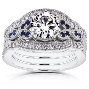 White Gold 1ct Moissanite Blue Sapphire and 1/2ct TDW Diamond Vintage Floral 3-Piece Bri - Handcrafted By Name My Rings™