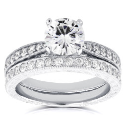 White Gold 1ct Round Moissanite and 1/2ct TDW Diamond Antique Bridal Set - Handcrafted By Name My Rings™
