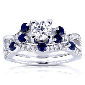 White Gold 1ct TCW Diamond and Blue Sapphire Bridal Set - Handcrafted By Name My Rings™
