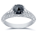 White Gold 1ct TDW Black and White Diamond Antique Filigree Engagement Ring - Handcrafted By Name My Rings™