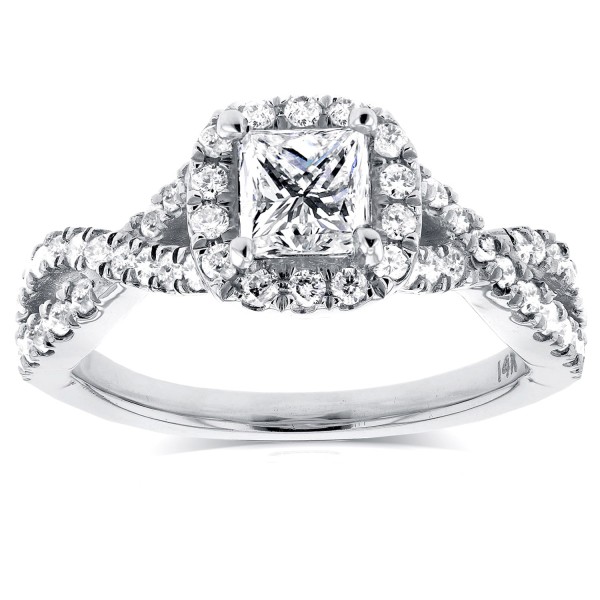 White Gold 1ct TDW Princess Diamond Halo Crossover Engagement Ring - Handcrafted By Name My Rings™
