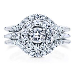 White Gold 1ct TDW Round Diamond Halo 3-Piece Bridal Rings Set - Handcrafted By Name My Rings™
