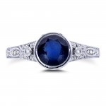 White Gold 1ct TGW Round Bezel Sapphire and Diamond Accent Vintage Engagement Ring - Handcrafted By Name My Rings™