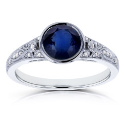 White Gold 1ct TGW Round Bezel Sapphire and Diamond Accent Vintage Engagement Ring - Handcrafted By Name My Rings™