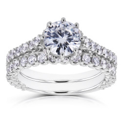 White Gold 2 1/10ct TCW Round Moissanite and Diamond 8-Prong Standing Halo Bridal Rings - Handcrafted By Name My Rings™