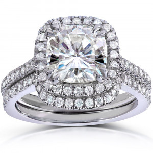 White Gold 2 1/2ct TGW Cushion-cut Moissanite and Diamond Halo Bridal Rings Set - Handcrafted By Name My Rings™