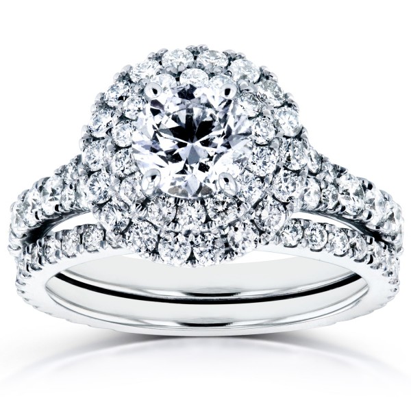 White Gold 2 1/3ct TDW Diamond Double Halo Cathedral Bridal Set - Handcrafted By Name My Rings™