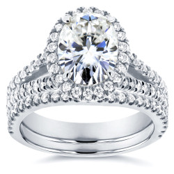 White Gold 2 1/5ct TGW Moissanite and Diamond Oval Halo Split Shank Bridal Rings Set - Handcrafted By Name My Rings™