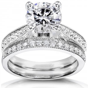 White Gold 2 1/5ct TGW Round Forever Brilliant Moissanite and Diamond 2-Piece Vintage Bridal Set - Handcrafted By Name My Rings™