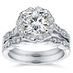 White Gold 2 1/6ct TGW Cushion-cut Moissanite and Diamond Floral Vintage Bridal Ring Set - Handcrafted By Name My Rings™