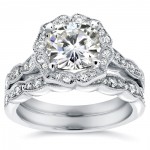 White Gold 2 1/6ct TGW Cushion-cut Moissanite and Diamond Floral Vintage Bridal Ring Set - Handcrafted By Name My Rings™