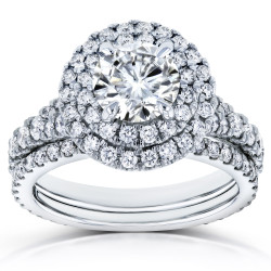 White Gold 2 2/5ct TCW Moissanite and Diamond Double Halo Split Shank Bridal Set - Handcrafted By Name My Rings™