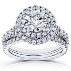 White Gold 2 2/5ct TCW Moissanite and Diamond Double Halo Split Shank Bridal Set - Handcrafted By Name My Rings™