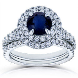 White Gold 2 5/8ct TGW Round Sapphire and Diamond Double Halo Vintage Bridal Set - Handcrafted By Name My Rings™