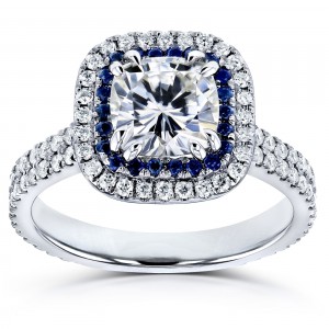 White Gold 2ct TCW Forever One Moissanite with Diamond and Sapphire Cushion Halo Engagement Ring - Handcrafted By Name My Rings™