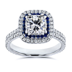 White Gold 2ct TCW Moissanite with Diamond and Sapphire Cushion Halo Engagement Ring - Handcrafted By Name My Rings™
