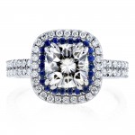 White Gold 2ct TCW Moissanite with Diamond and Sapphire Cushion Halo Engagement Ring - Handcrafted By Name My Rings™
