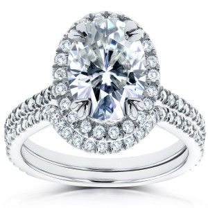 White Gold 2ct TGW Forever Brilliant Moissanite and Diamond Oval Halo Bridal Rings - Handcrafted By Name My Rings™