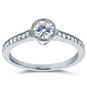 White Gold 3/4ct TDW Bezel Diamond Milgrain Engagement Ring - Handcrafted By Name My Rings™
