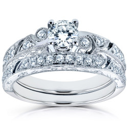 White Gold 3/4ct TDW Diamond Filigree Milgrain Bridal Rings Set - Handcrafted By Name My Rings™