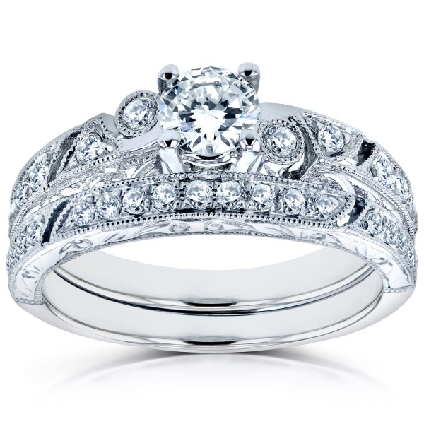 White Gold 3/4ct TDW Diamond Filigree Milgrain Bridal Rings Set - Handcrafted By Name My Rings™