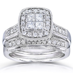White Gold 3/4ct TDW Princess Quad Diamond 2-ring Miligrain Bridal Set - Handcrafted By Name My Rings™