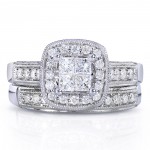 White Gold 3/4ct TDW Princess Quad Diamond 2-ring Miligrain Bridal Set - Handcrafted By Name My Rings™