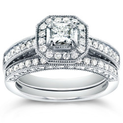White Gold 3/4ct TDW Princess-cut Halo Diamond Bridal Rings Set - Handcrafted By Name My Rings™