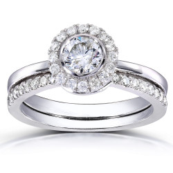 White Gold 3/4ct TDW Round-cut Halo Diamond Bridal Set - Handcrafted By Name My Rings™