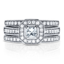 White Gold 4/5ct TDW Princess-cut Halo Diamond 3-Piece Bridal Rings Set - Handcrafted By Name My Rings™