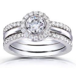 White Gold 4/5ct TDW Round-cut Halo Diamond 3-piece Bridal Set - Handcrafted By Name My Rings™