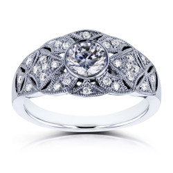 White Gold 5/8ct TCW Moissanite and Diamond Vintage Engagement Ring - Handcrafted By Name My Rings™