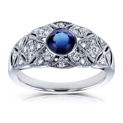 White Gold 5/8ct TGW Bezel Sapphire and Diamond Vintage Engagement Ring - Handcrafted By Name My Rings™