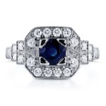White Gold 5mm Blue Sapphire and 1/3ct TDW Diamond Milgrain Fancy Antique Engagement Ring - Handcrafted By Name My Rings™