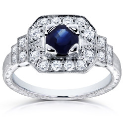 White Gold 5mm Blue Sapphire and 1/3ct TDW Diamond Milgrain Fancy Antique Engagement Ring - Handcrafted By Name My Rings™