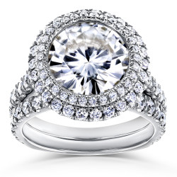 White Gold 6 1/3ct TGW Forever One Moissanite & Diamond Unique Double Halo Statement Bridal Set - Handcrafted By Name My Rings™