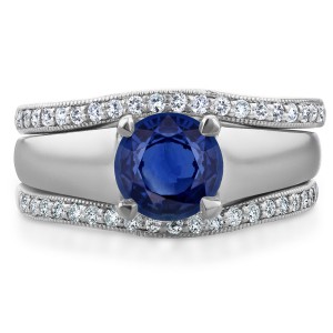 White Gold 6.5 MM Sapphire and 1/3ct TDW Double Diamond Wedding Bands Bridal - Handcrafted By Name My Rings™