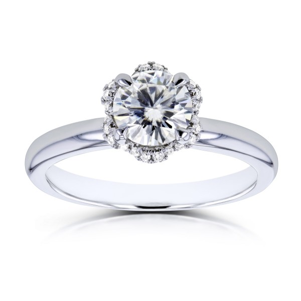 White Gold 7/8ct TCW Moissanite and Diamond Accented Floral Engagement Ring - Handcrafted By Name My Rings™