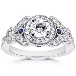 White Gold 7/8ct TDW Diamond and Sapphire Accent Antique Milgrain Ring - Handcrafted By Name My Rings™