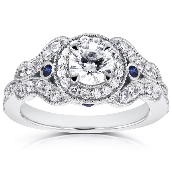 White Gold 7/8ct TDW Diamond and Sapphire Accent Antique Milgrain Ring - Handcrafted By Name My Rings™