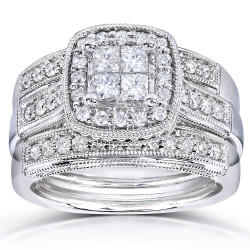 White Gold 7/8ct TDW Princess Quad Diamond 3-ring Miligrain Bridal Set - Handcrafted By Name My Rings™