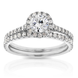 White Gold 7/8ct TDW Round Diamond Halo Bridal Wedding Set - Handcrafted By Name My Rings™