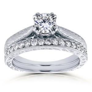 White Gold 7/8ct TDW Round Diamond Vintage Bridal Set - Handcrafted By Name My Rings™