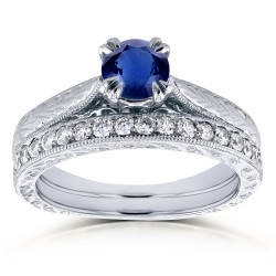 White Gold 7/8ct TGW Round Sapphire and Diamond Vintage Bridal Set - Handcrafted By Name My Rings™