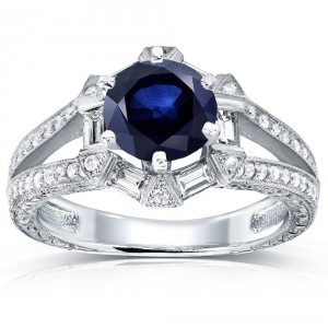 White Gold Blue Sapphire and 1/2ct TDW Diamond Art Deco Ring - Handcrafted By Name My Rings™