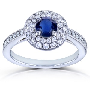 White Gold Blue Sapphire and 1/2ct TDW Diamond Dome Double Halo Engagement Ring - Handcrafted By Name My Rings™