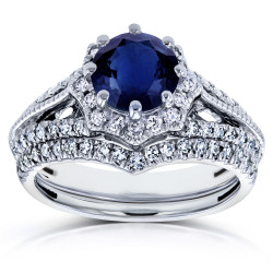 White Gold Blue Sapphire and 1/2ct TDW Diamond Star Halo Bridal Set - Handcrafted By Name My Rings™