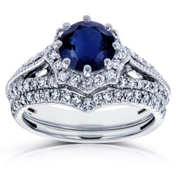 White Gold Blue Sapphire and 1/2ct TDW Diamond Star Halo Bridal Set - Handcrafted By Name My Rings™