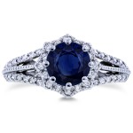 White Gold Blue Sapphire and 1/3ct TDW Diamond Star Halo Engagement Ring - Handcrafted By Name My Rings™