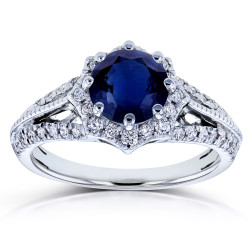 White Gold Blue Sapphire and 1/3ct TDW Diamond Star Halo Engagement Ring - Handcrafted By Name My Rings™